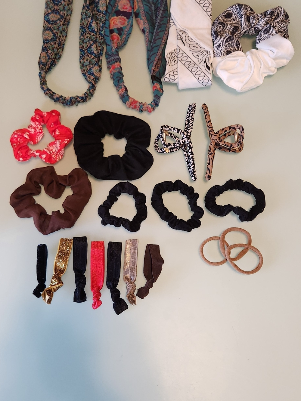 Assorted Women’s Hair Scrunchies and Ties - Black, Brown, White, Red, Gold, Pink
